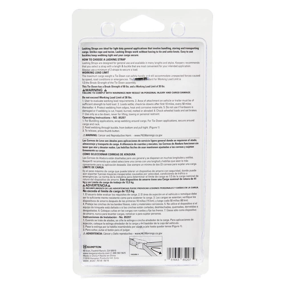 Keeper 8 ft. x 1 in. x 30 lbs. Lashing Strap (2-Pack) 9 Keeper 8 ft. x 1 in. x 30 lbs. Lashing Strap (2-Pack) - Image 7